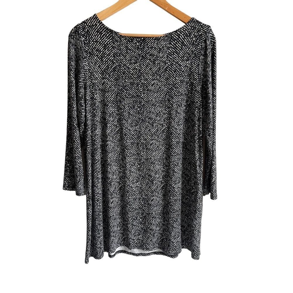 J. Jill Herringbone Gray Black Stretch Tunic Top Size Medium 3/4 Sleeve Stretch